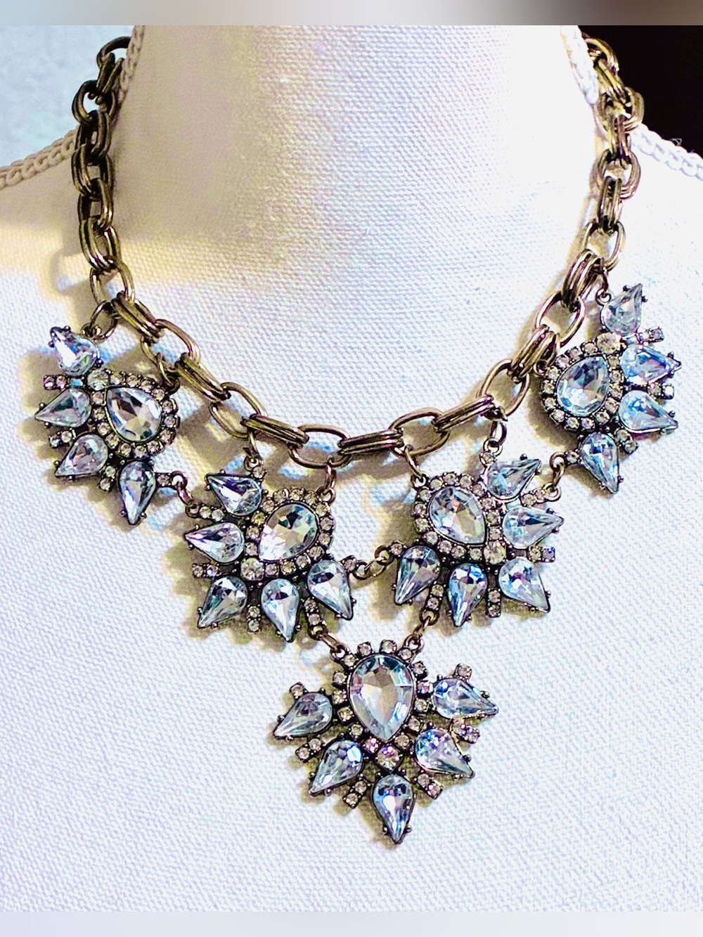 Clear Crystal Floral Bib Necklace With Gold Chain